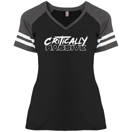 Critically Massive Ladies' Game V-Neck T-Shirt (white print)